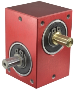 Right angle crossed axis helical gearbox reducer bore input and output compact design made by Ondrives Precision Gears and Gearboxes