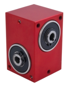 Right angle crossed axis helical gearbox reducer bore input and output compact design made by Ondrives Precision Gears and Gearboxes