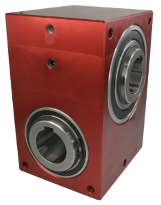 Right angle crossed axis helical gearbox reducer bore input and output compact design made by Ondrives Precision Gears and Gearboxes